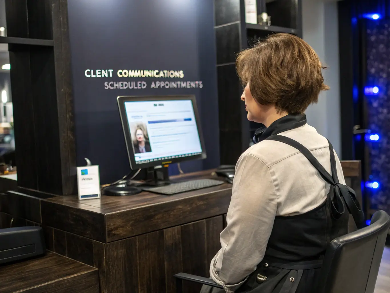 An image of a consultant reviewing marketing data on a laptop with a salon in the background, focusing on marketing strategies.