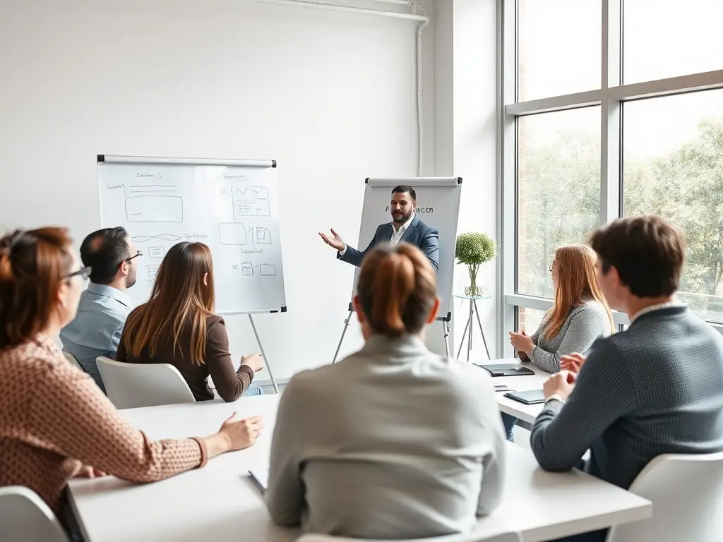A coach working with salon staff, demonstrating new operational techniques and strategies to improve efficiency and customer service.